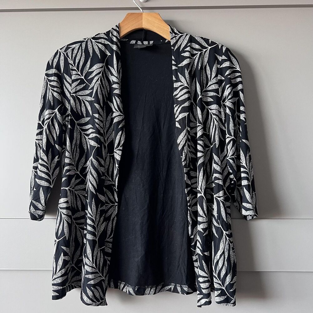 J Jill Wearever Cardigan Women XS Petite Black White Leaf Print Open Tropical